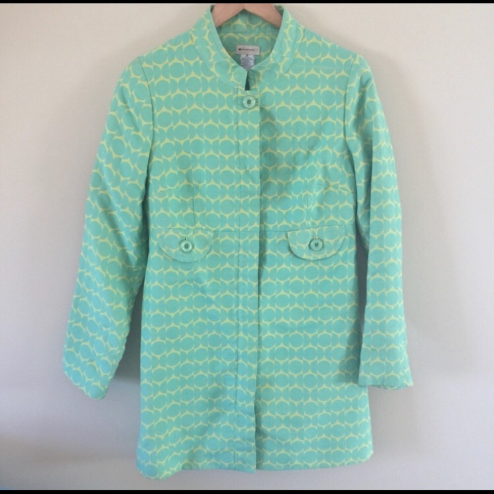 Anthropologie elevenses mint green geo polka dot trench